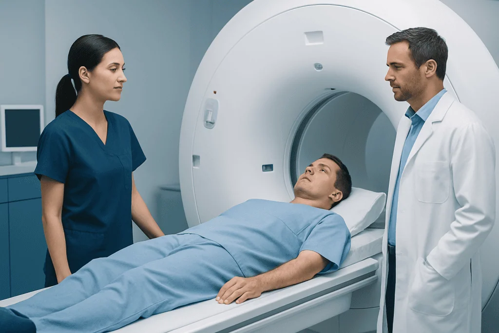 Patient undergoing MRI scan with medical staff present at Acibadem Hospital.