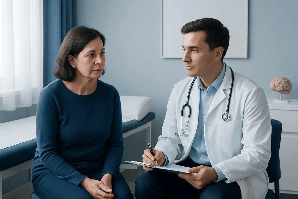 Doctor consulting with a female patient in a medical office.