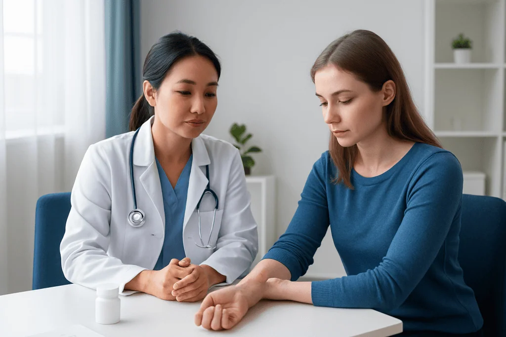Doctor examining patient's arm in a medical consultation room.
