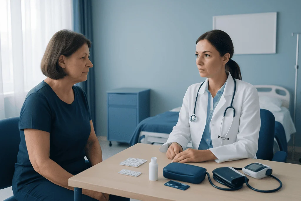 Doctor consulting with a patient in a hospital room in Turkey.