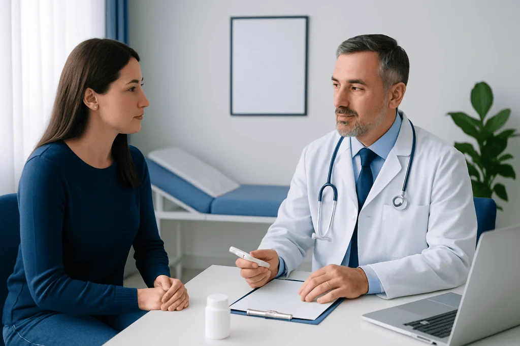 Doctor consulting with a female patient in a modern clinic setting.