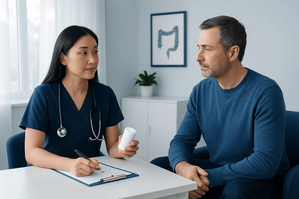 Doctor explaining endoscopy prep to patient in clinic.