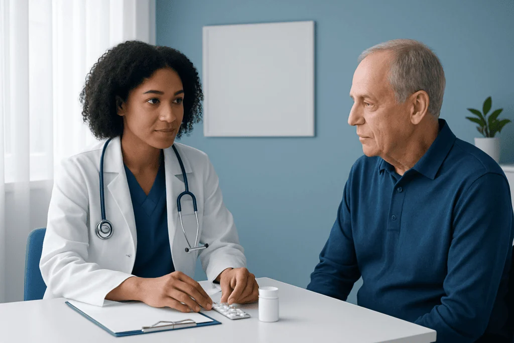 Doctor consulting with an elderly patient about medication options for stroke treatment.