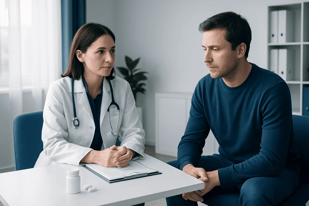 Doctor consulting with a patient in a modern medical office.