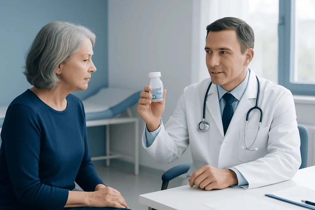 Doctor explaining medication to elderly woman in a hospital setting.