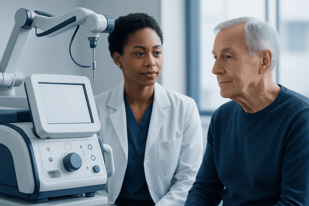 Doctor and patient discussing Parkinson's treatment options at a medical facility.