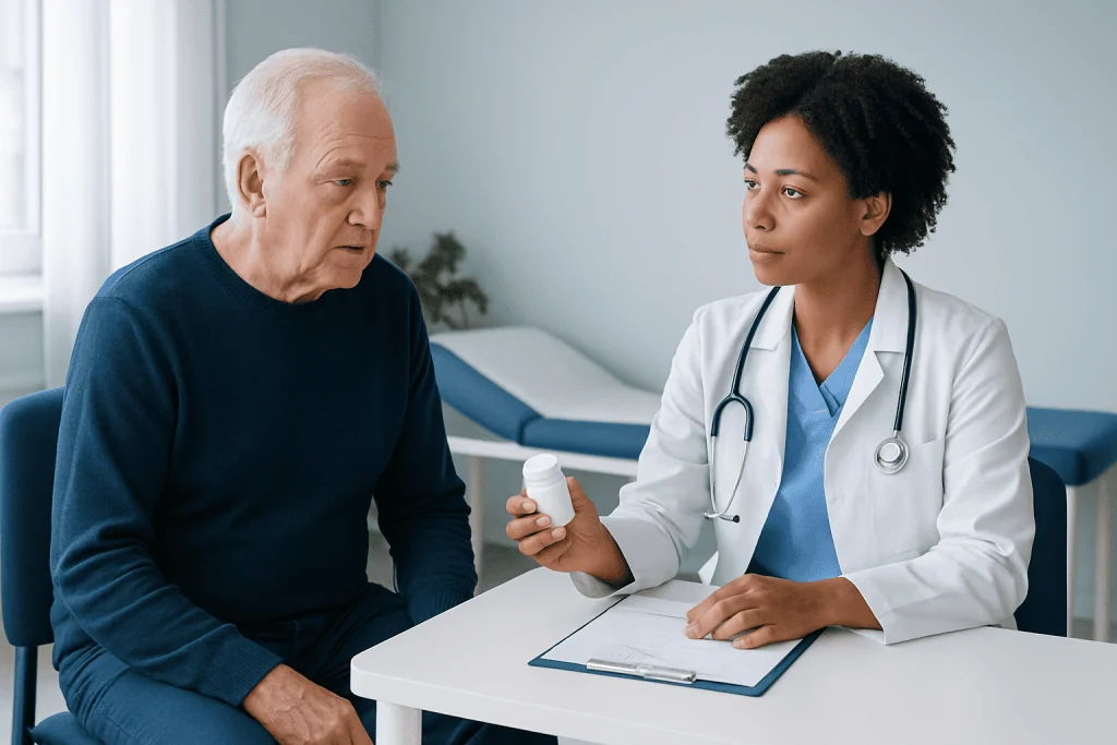 Doctor explaining medication to elderly patient in a clinic setting.