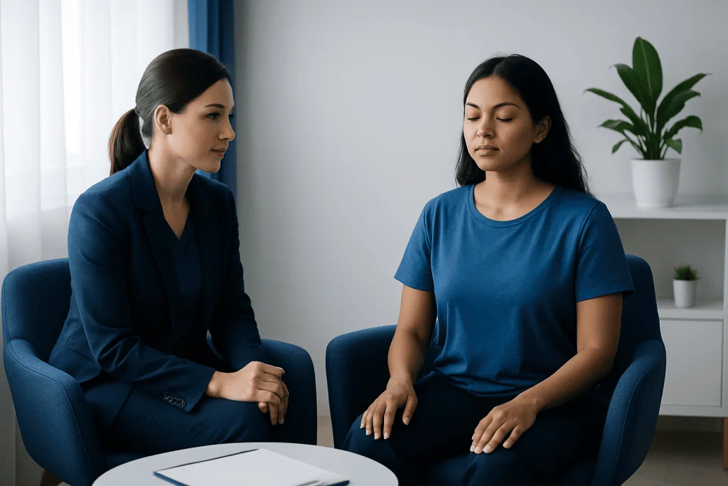 Therapist and patient in a counseling session for anxiety management.