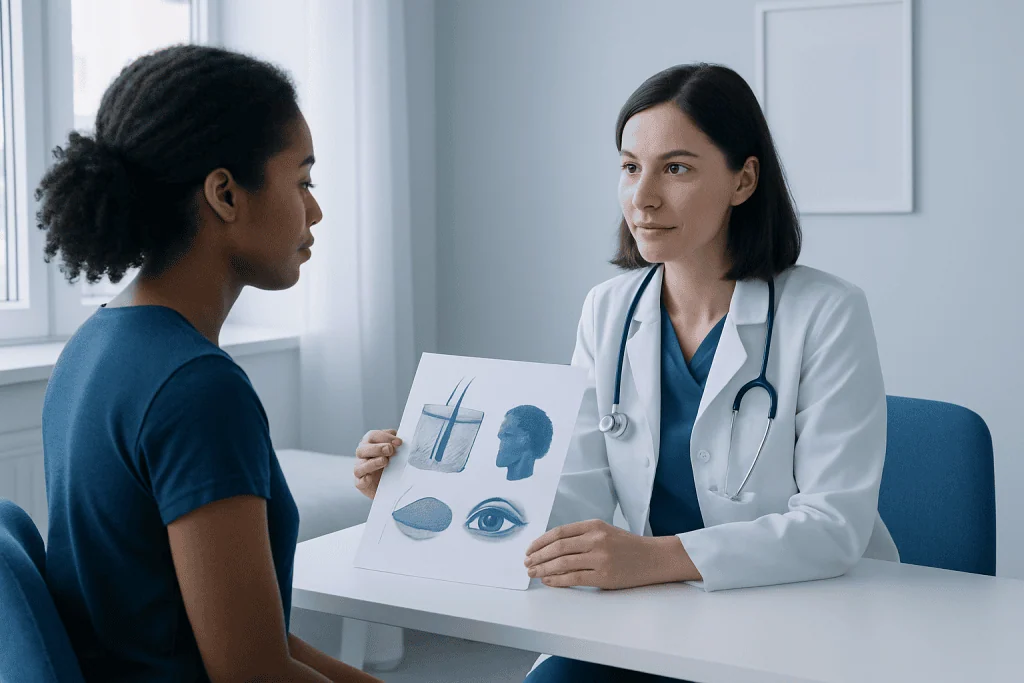 Doctor explaining brain and eye diagrams to a patient in a clinic setting.