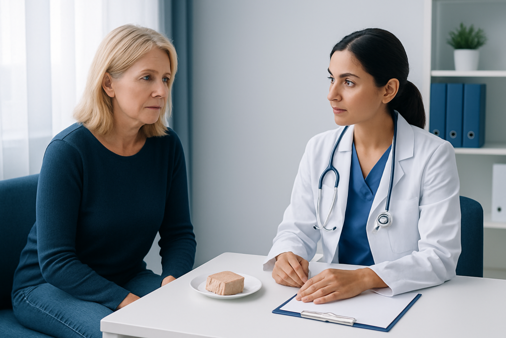 Doctor consulting with an older female patient in a medical office.