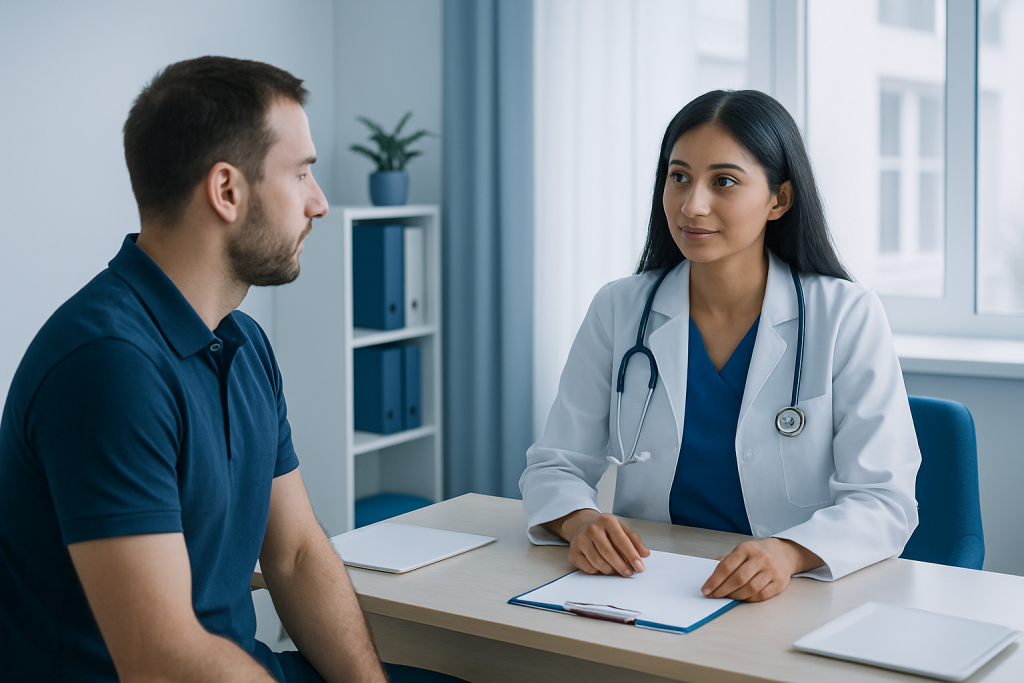 Doctor consulting with male patient in a modern clinic setting.