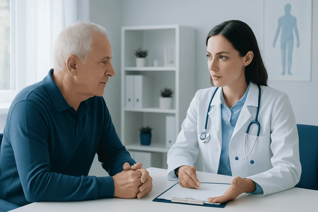 Doctor consulting with an elderly male patient in a medical office.