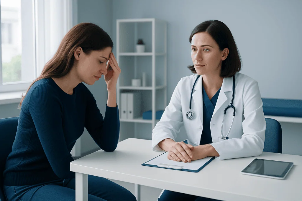 Doctor consulting with a patient about visual symptoms in a medical office.