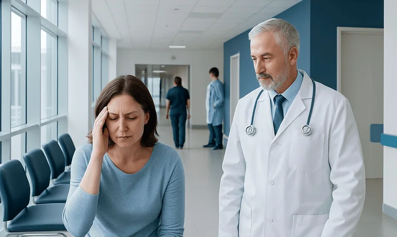 Patient experiencing headache consultation with doctor in hospital corridor.