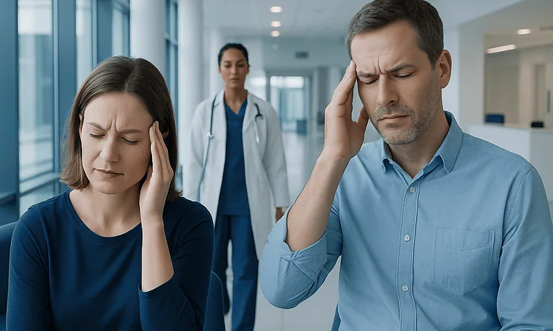Patients experiencing headache symptoms in a hospital corridor.