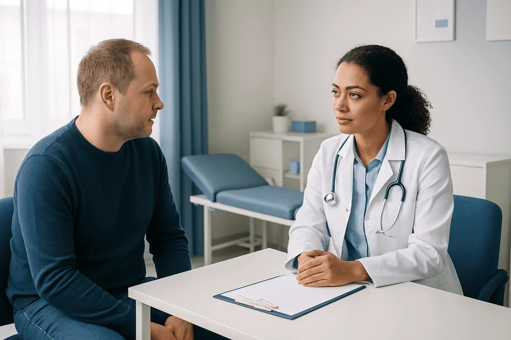 Doctor consulting with male patient in a medical office setting.