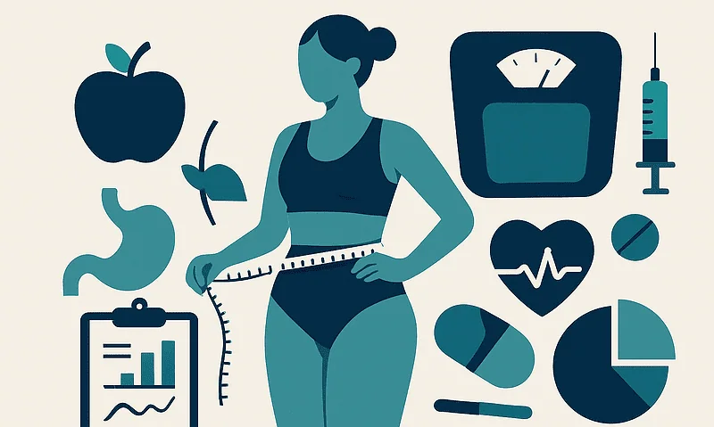 Healthy weight loss concept with woman, food, and fitness icons.