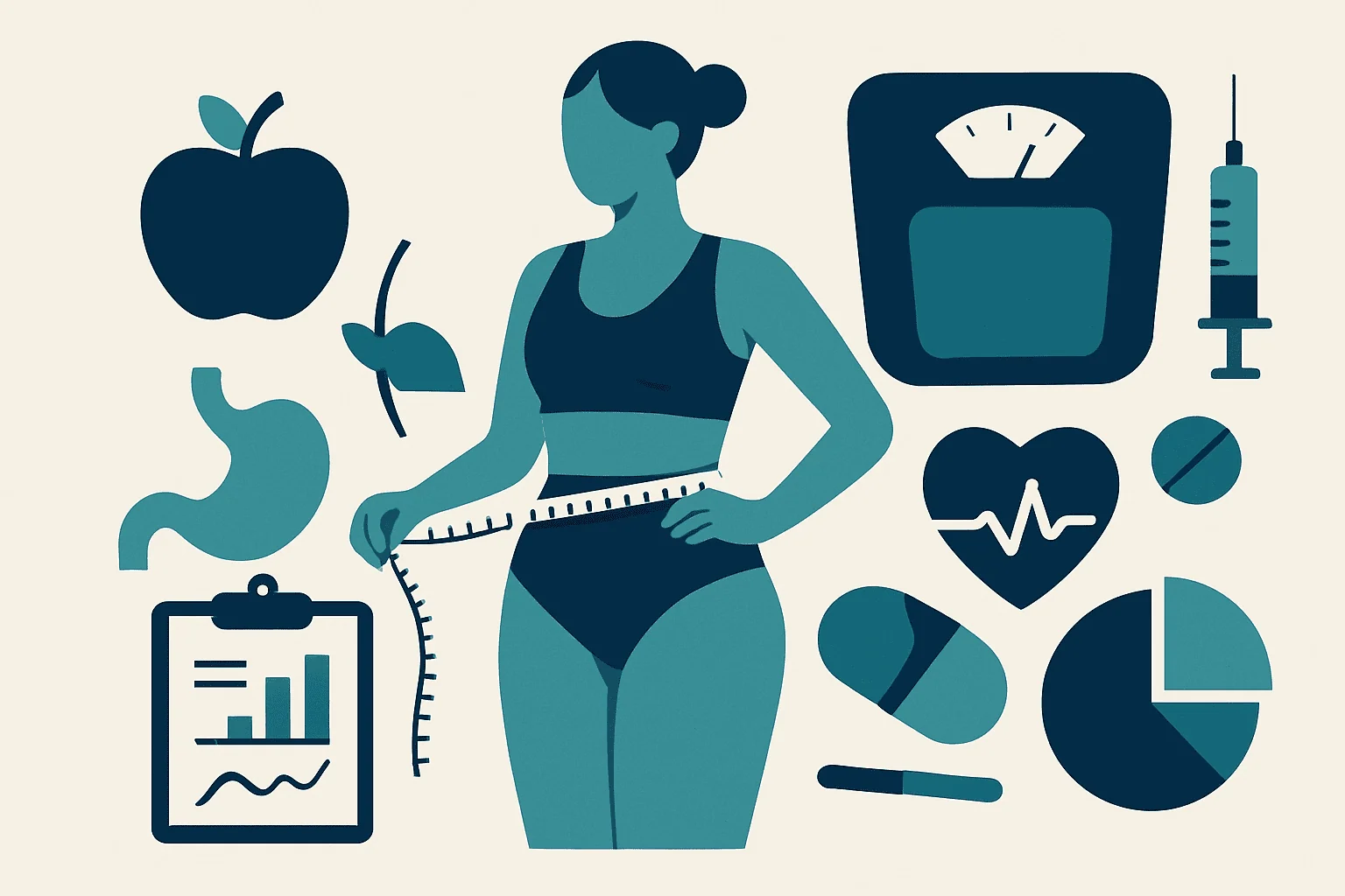 Healthy weight loss concept with woman, food, and fitness icons.