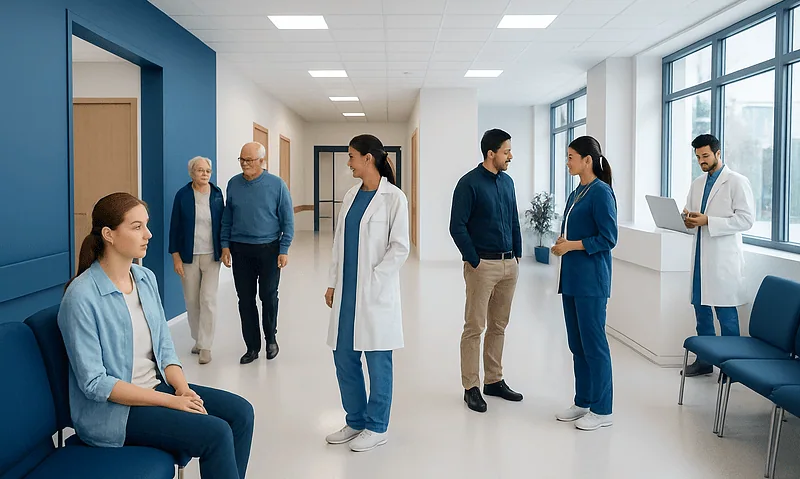 Medical team and patient in a modern hospital corridor.