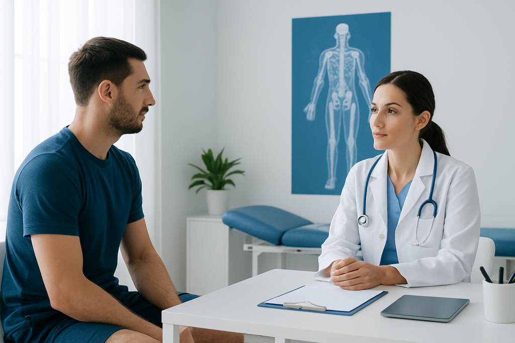 Doctor consulting patient about mobility and rehabilitation in clinic.