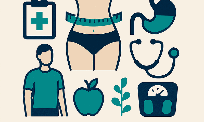 Health and weight loss icons including stomach, scale, apple, and measuring tape.