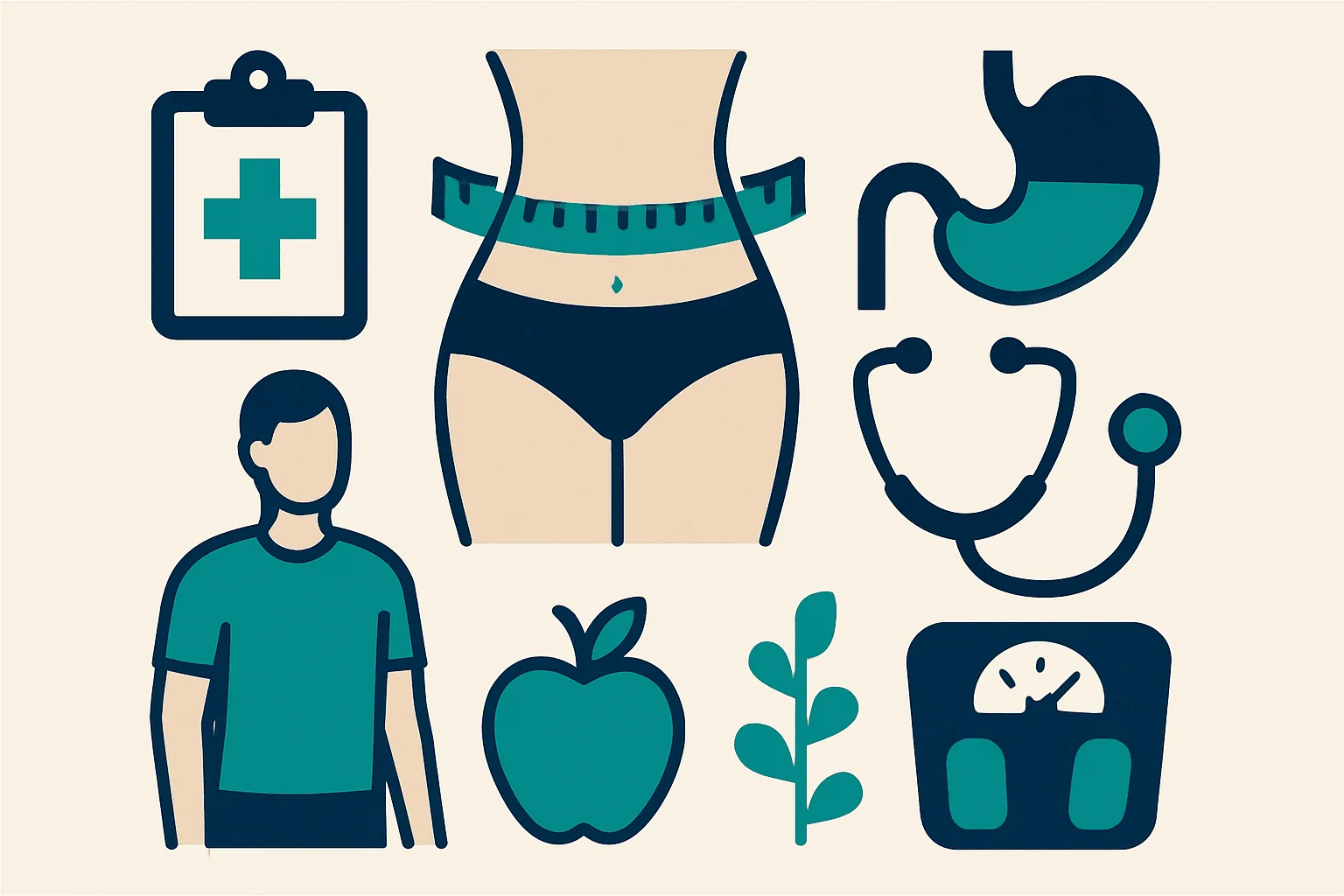 Health and weight loss icons including stomach, scale, apple, and measuring tape.