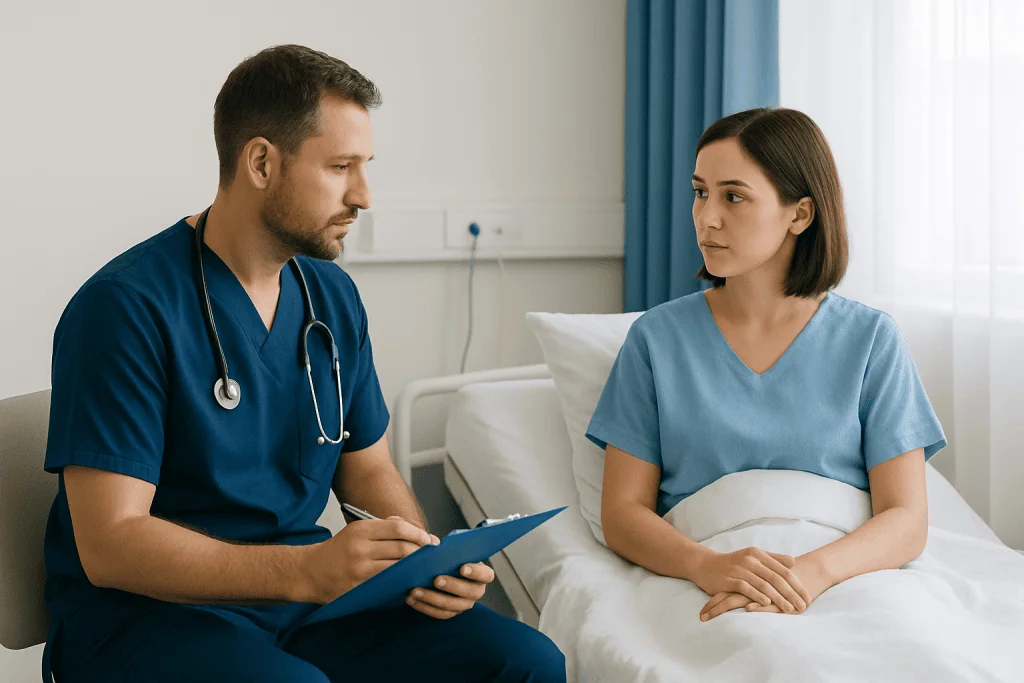Doctor consulting with a female patient in a hospital room.