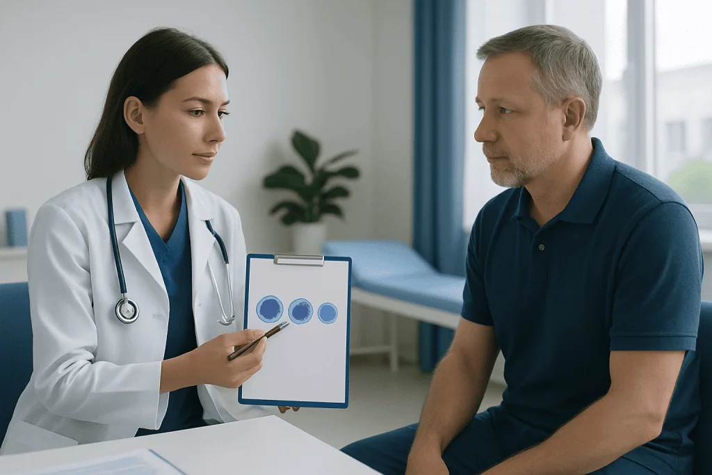 Doctor explaining blood test results to a patient in a hospital setting.