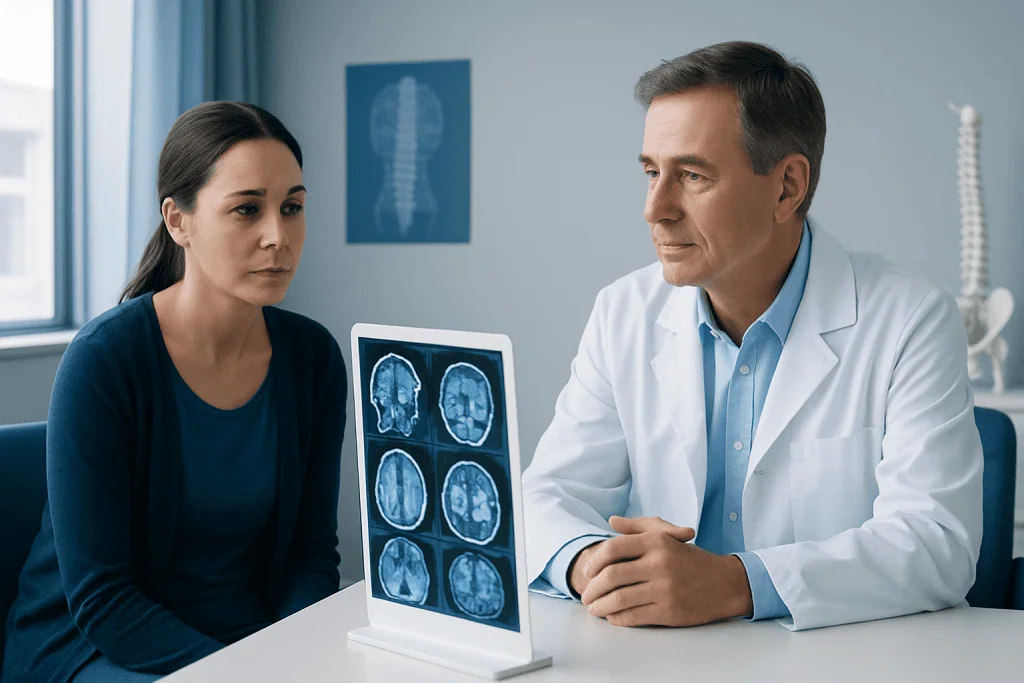 Doctor explaining brain scan results to a patient in a medical office.