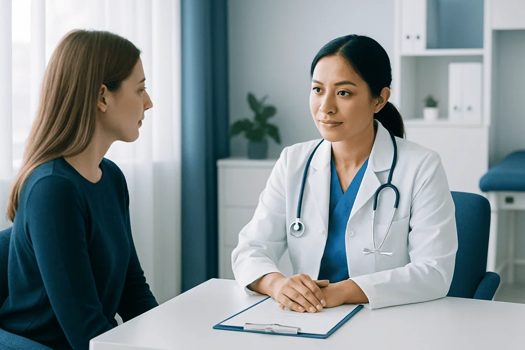 Doctor consulting with a patient in a modern medical office.