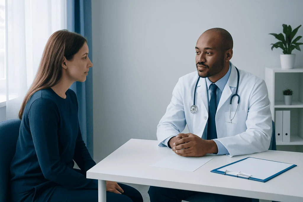 Doctor consulting with a female patient in a modern clinic setting.