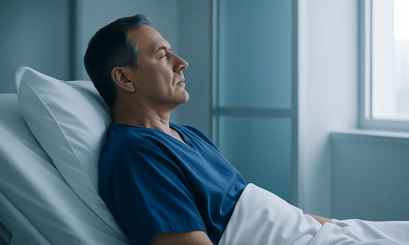 Patient resting in hospital bed with eyes closed, calm and relaxed.