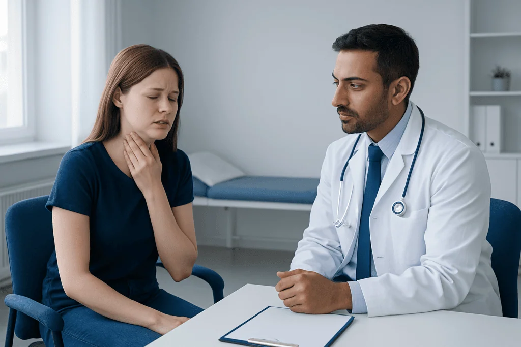 Doctor consulting with a young woman experiencing sore throat symptoms.