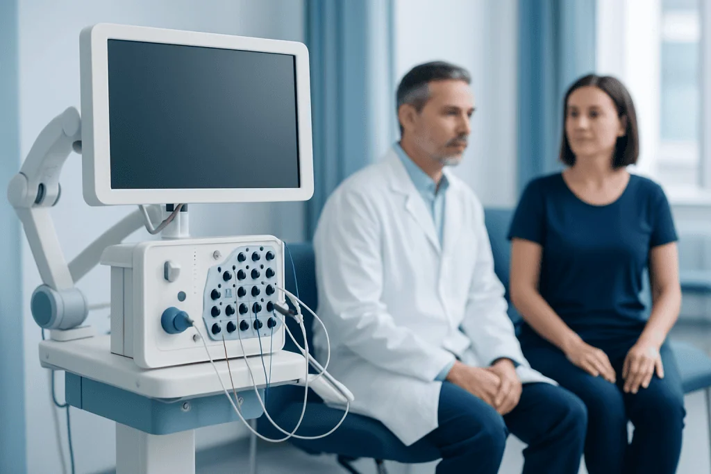 Doctor and patient in neuromuscular examination room at Acibadem Hospital.