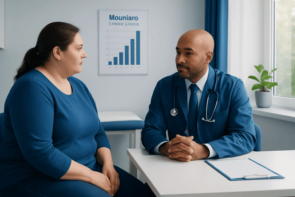 Doctor consulting with a patient in a medical office with health charts.
