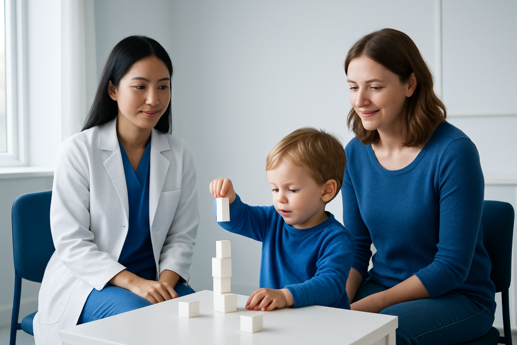 Pediatric assessment at Acibadem Hospital with doctor, mother, and child playing with blocks.