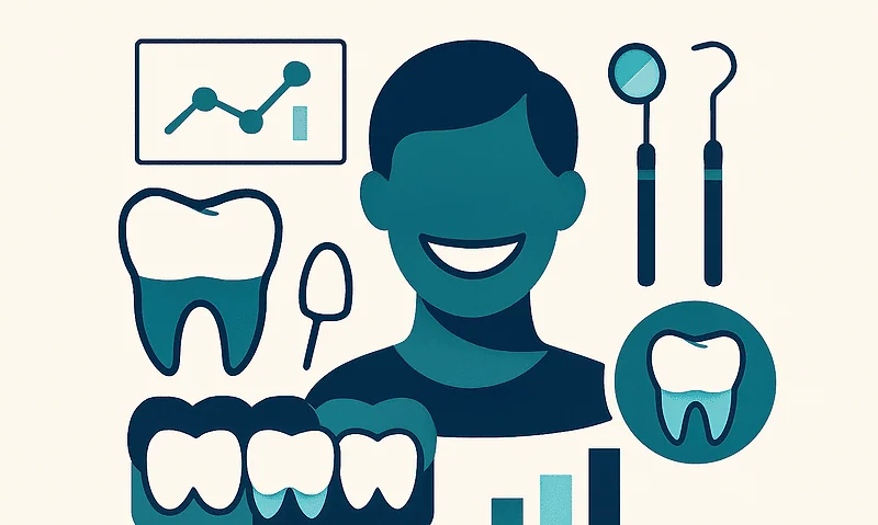 Dental care and veneers illustration with tools and charts.