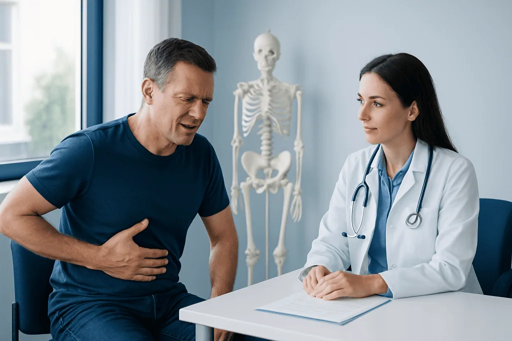 Patient experiencing chest pain consulting with doctor at Acibadem Hospital.