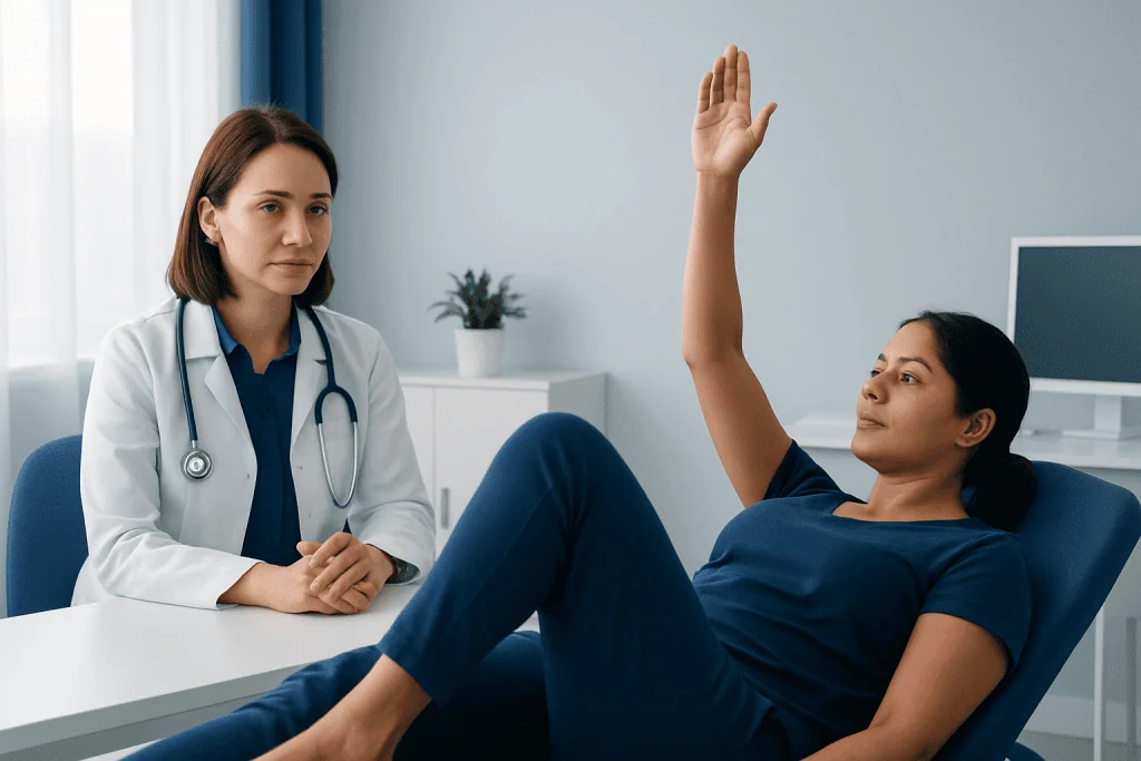 Doctor consulting with patient during medical examination in clinic.