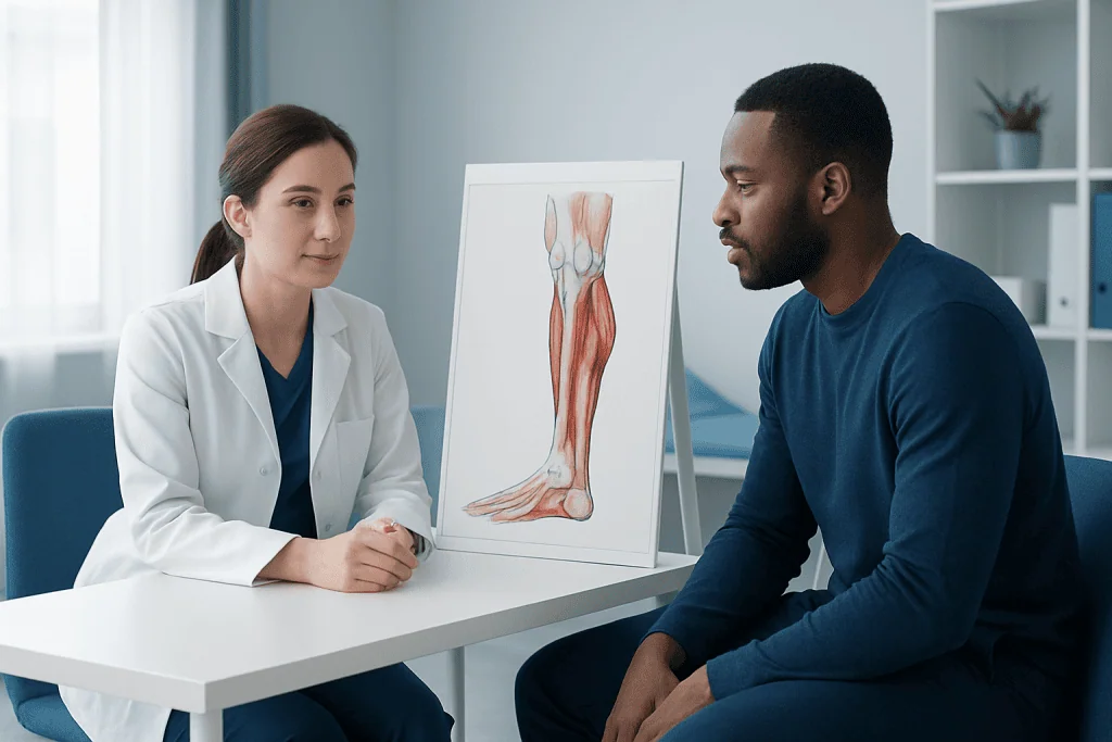 Doctor explaining lower leg muscles to patient in medical consultation room.