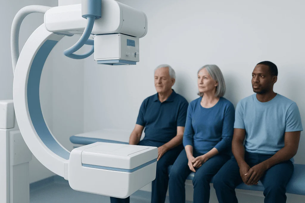 Patients undergoing a medical imaging procedure in a hospital setting.