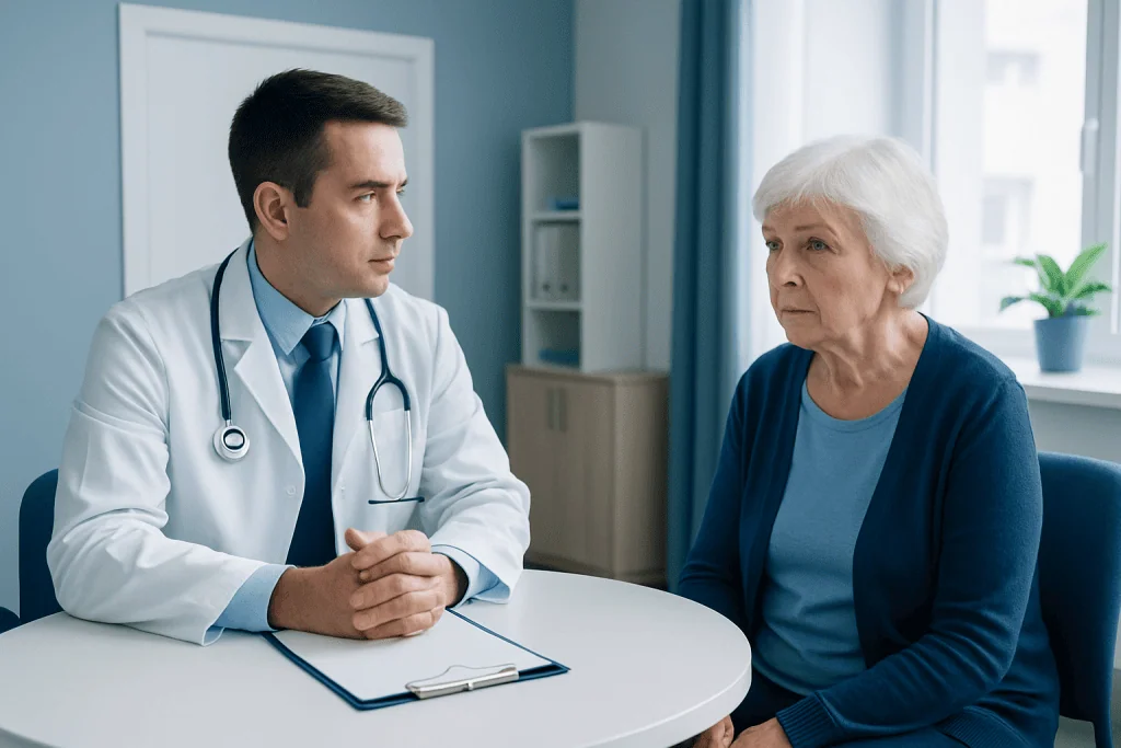 Doctor consulting with elderly woman in a medical office.