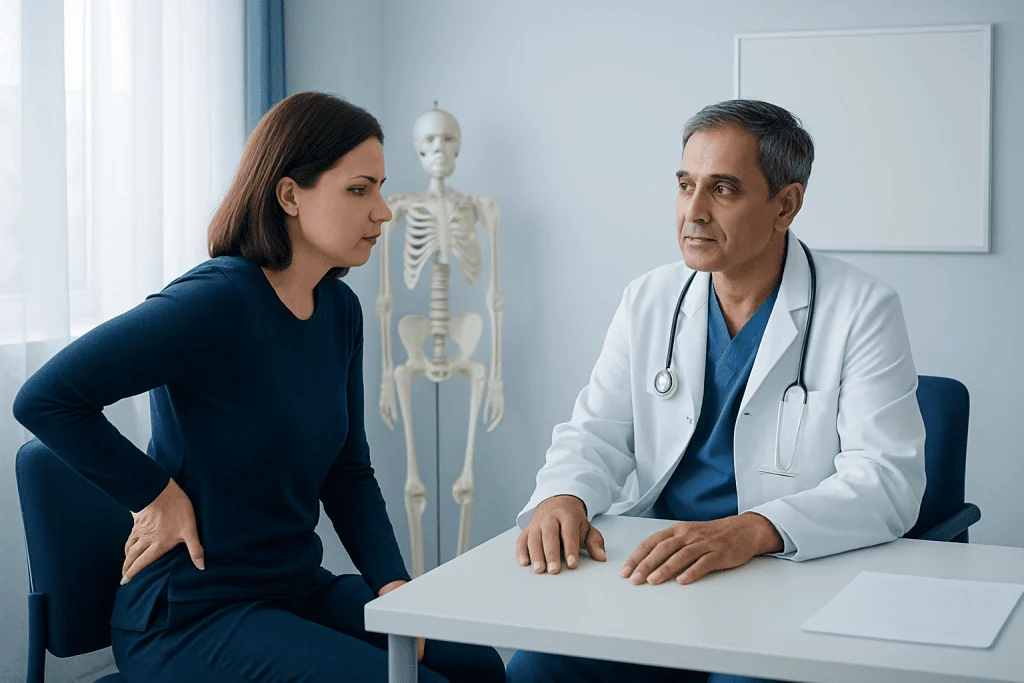 Doctor consulting with a patient in a medical office with a skeleton model in the background.
