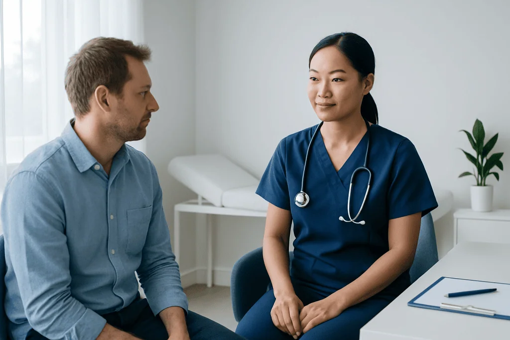 Nurse consulting with a patient in a modern hospital room.