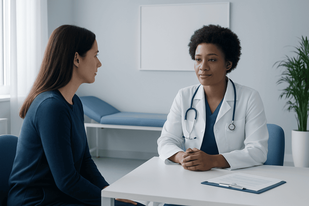 Doctor consulting a patient in a medical office setting.