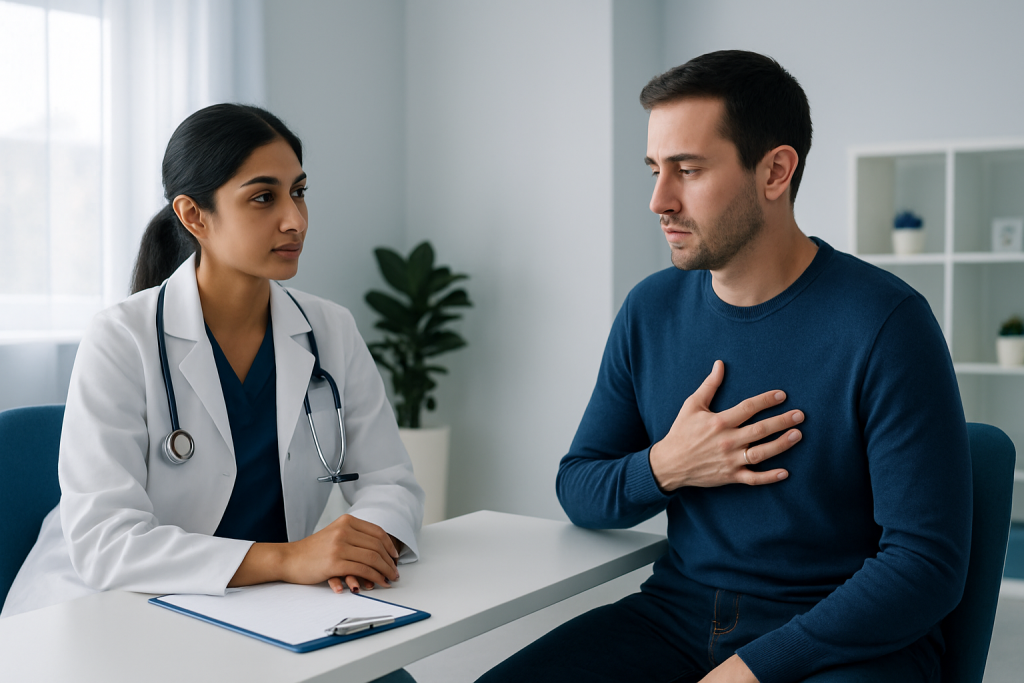 Doctor consulting a patient about altitude sickness symptoms.