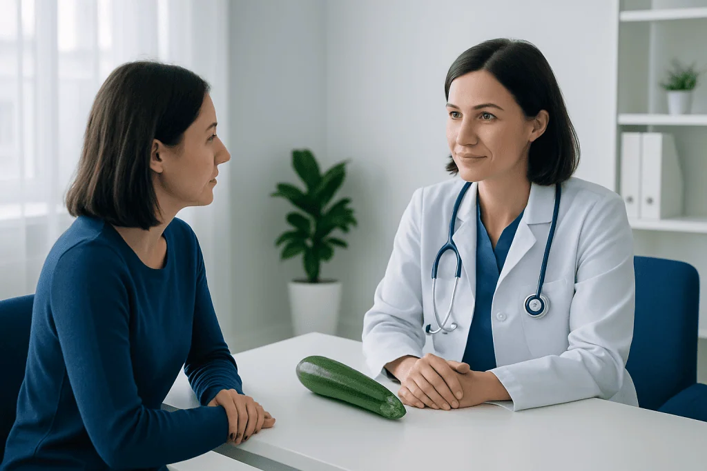 Doctor consulting with patient about health, with a zucchini on the table.