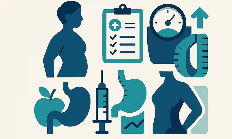Health and weight management icons including scale, syringe, and healthy food.