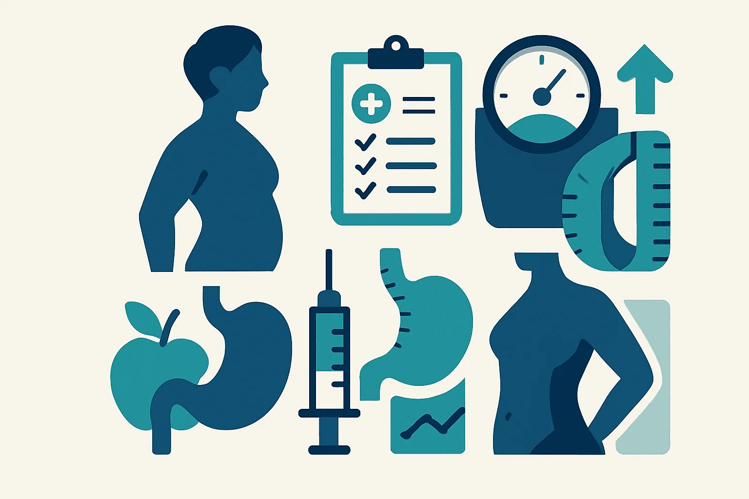 Health and weight management icons including scale, syringe, and healthy food.