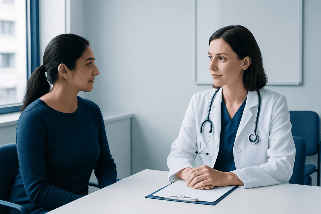 Doctor consulting with a patient in a modern medical office.